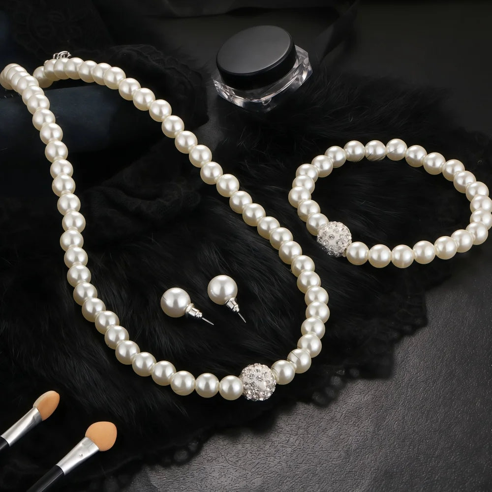 Set di gioielli da 3 pezzi con collana, bracciale e orecchini a perno con finta perla, Fireball, colore argento, con pietra di cristallo, elegante idea regalo per la sposa