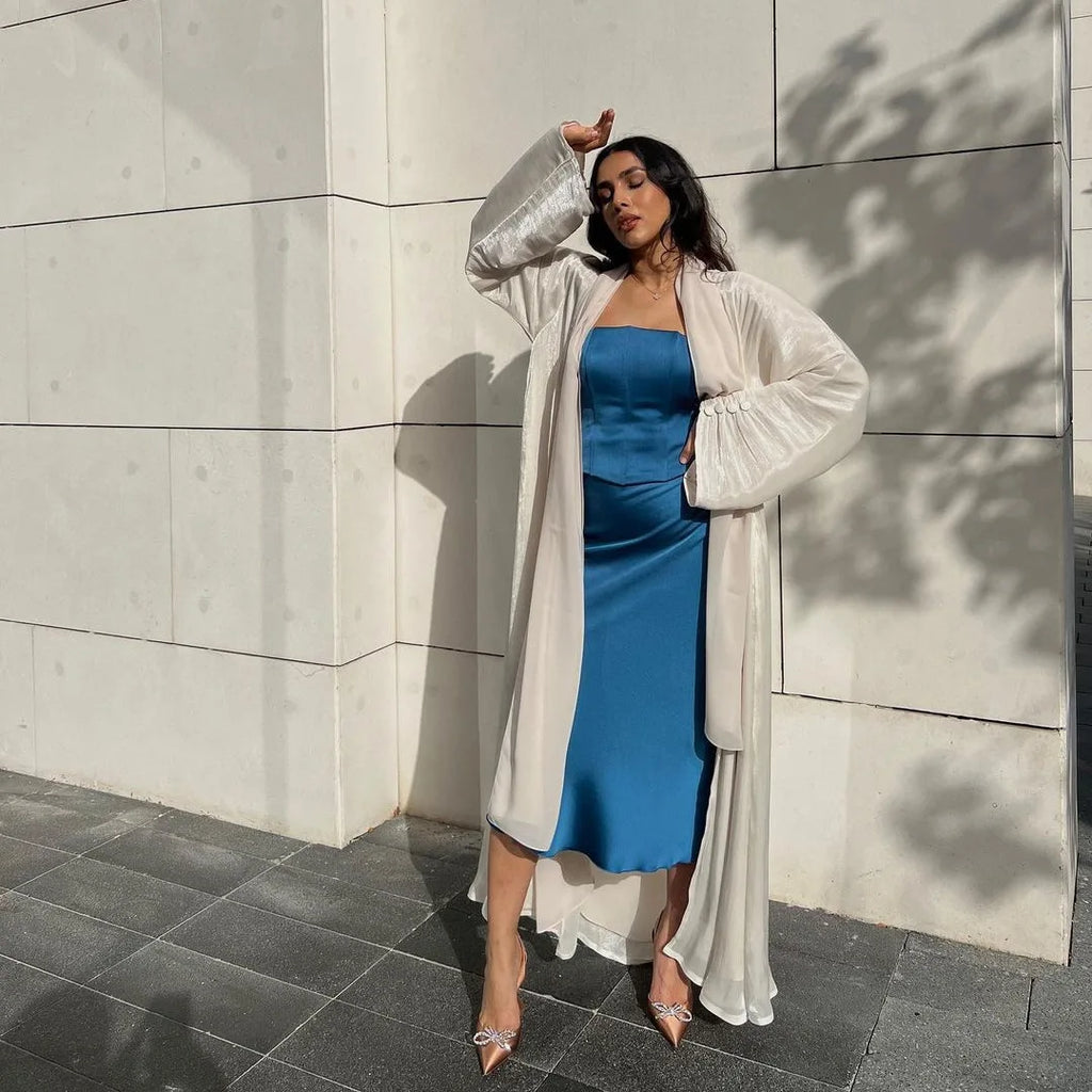 Eid Zijdeachtige Abaya's voor Vrouwen Moslim Jalabiya Ramadan Jurk met Knopen Mouwen Ramadan Kaftan Feestjurken Vestido Largo Cardigan