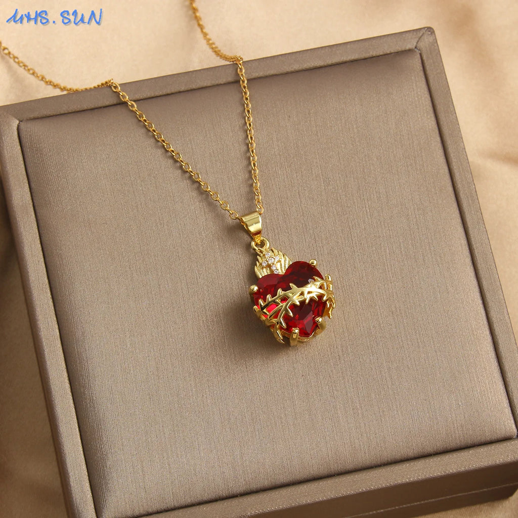 SUNSLL Sacro Cuore Rosso Croce Zircone Cubico Ciondoli Collane Lusso Donne Placcato Oro Romantico Amore Anniversario Gioielli Regalo
