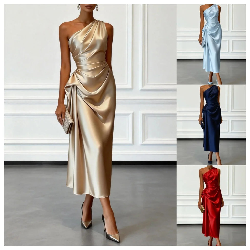 Satijnen midi-jurk met één schouder, geplooide taille, elegante mouwloze feestjurk