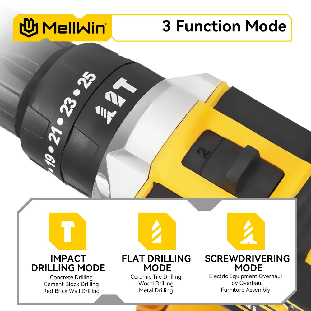 MELLWIN Trapano Avvitatore Elettrico a Percussione 25+3 Coppie, Set Multiuso Avvitatore Elettrico a Batteria, Utensile Elettrico Compatibile con Batteria Makita 18V con Perno