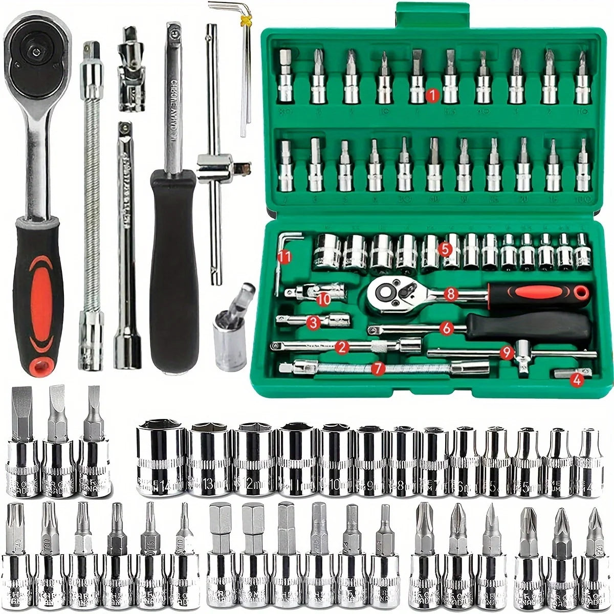 46-delige gereedschapset voor familie 1/4 inch mechanische gereedschapskit voor autoreparatie met metrische en zeskantige dopsleutelset inbussleutel