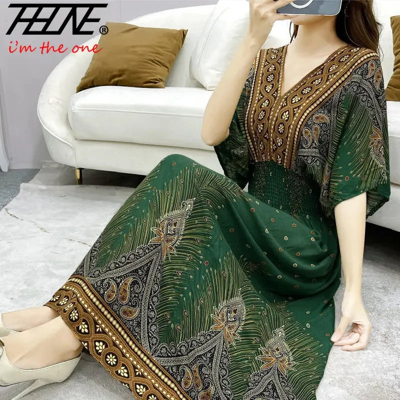 Long Women's Dress Boho Ethnic Bohemian Beach Cotton Blend Artificial Floral Short Sleeve V-neck Vintage Vacation Vestidos Robe