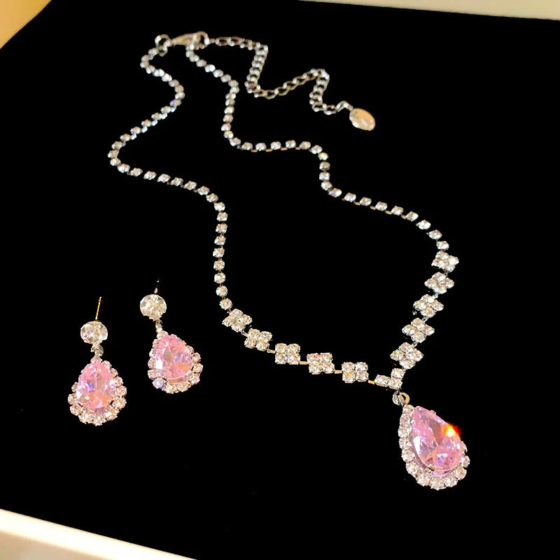 Collana con strass lucidi e orecchini a goccia grandi per donna, Set di gioielli da sposa per abiti da sera