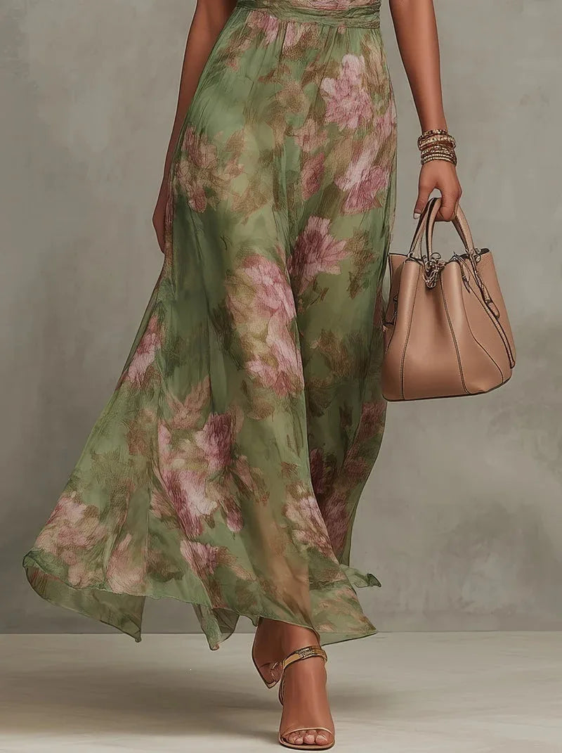 Elegante Geplooide Mesh Bedrukte Onregelmatige Split Sexy Cami Maxi Jurk Mouwloze Halter Nek Chiffon Wijde Avondfeestjurken