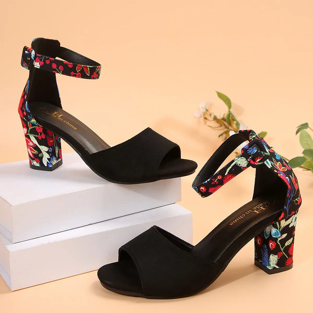 Scarpe estive da donna 2026 Sandali alti con stampa floreale vintage, open toe, tacco alto, casual, con fibbia alla caviglia