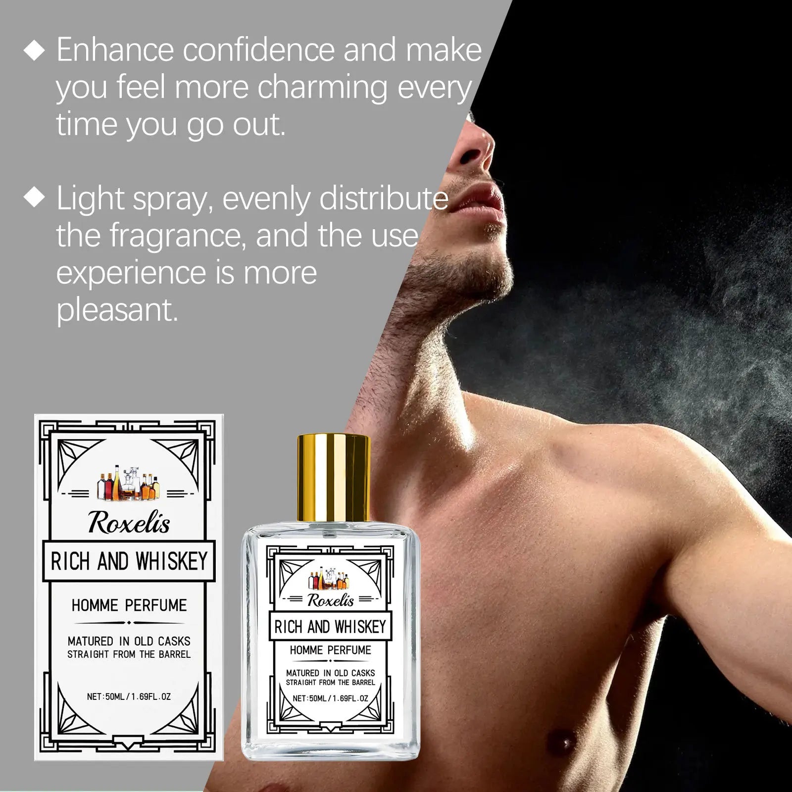 Profumo al Whisky Roxelis Trasuda Eleganza Fascino Duraturo Aumenta la Fiducia Fragranza Leggera Spray Profumato per Uomo 50ml