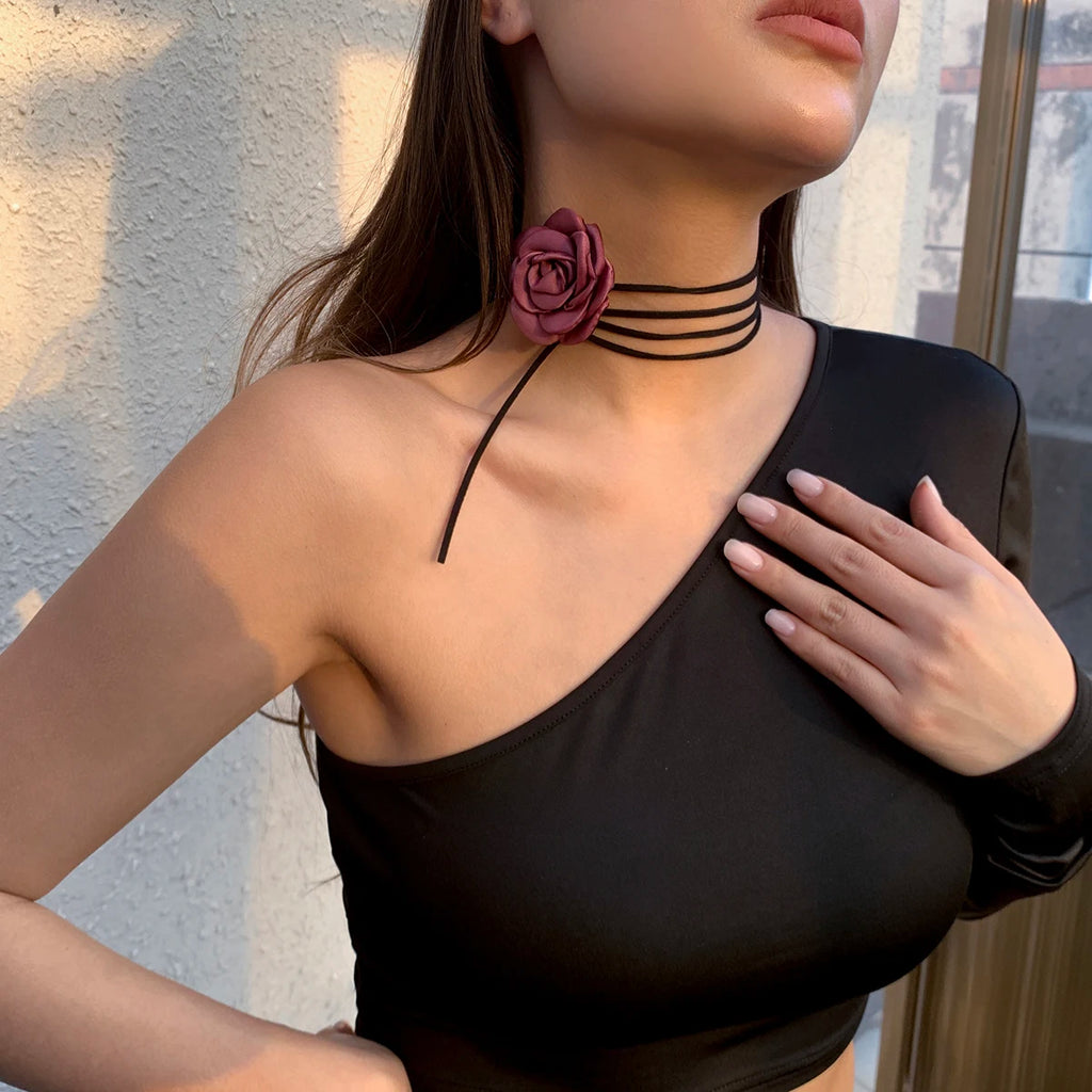 Collana girocollo con catena alla clavicola in corda regolabile in stile gotico romantico a forma di rosa grande, per donne e ragazze, accessori Y2K, stile coreano