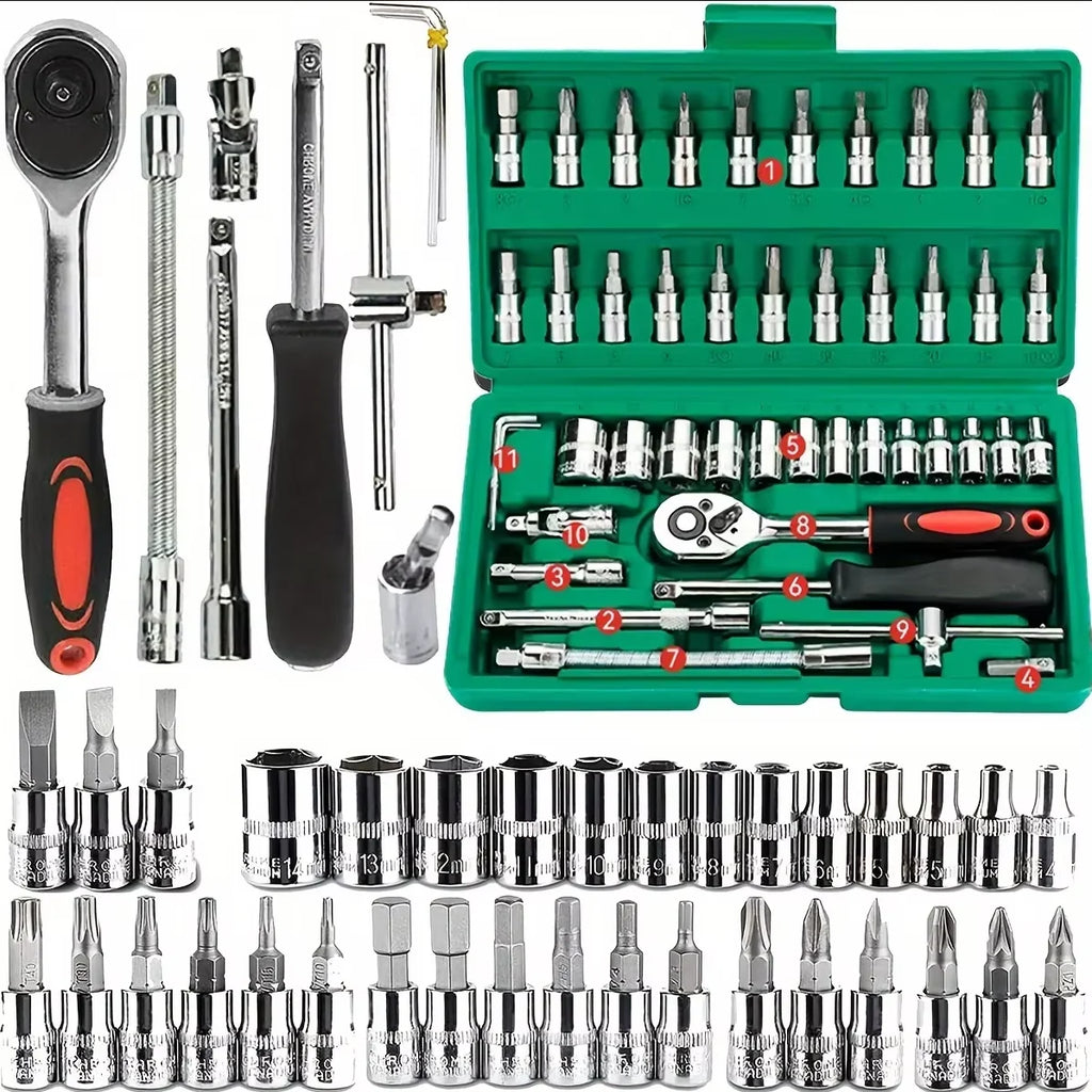 Set di 46 attrezzi per la famiglia, kit di attrezzi meccanici da 1/4 per la riparazione di auto con prese metriche, set di bussole esagonali, chiave a cricchetto
