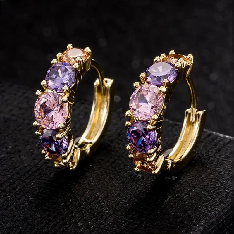Huitan Mode Luxe Kleurrijke Roze/Paarse CZ Creolen voor Vrouwen Nieuw Ontworpen Bruids Trouw Oorbellen Cadeau Feest Sieraden