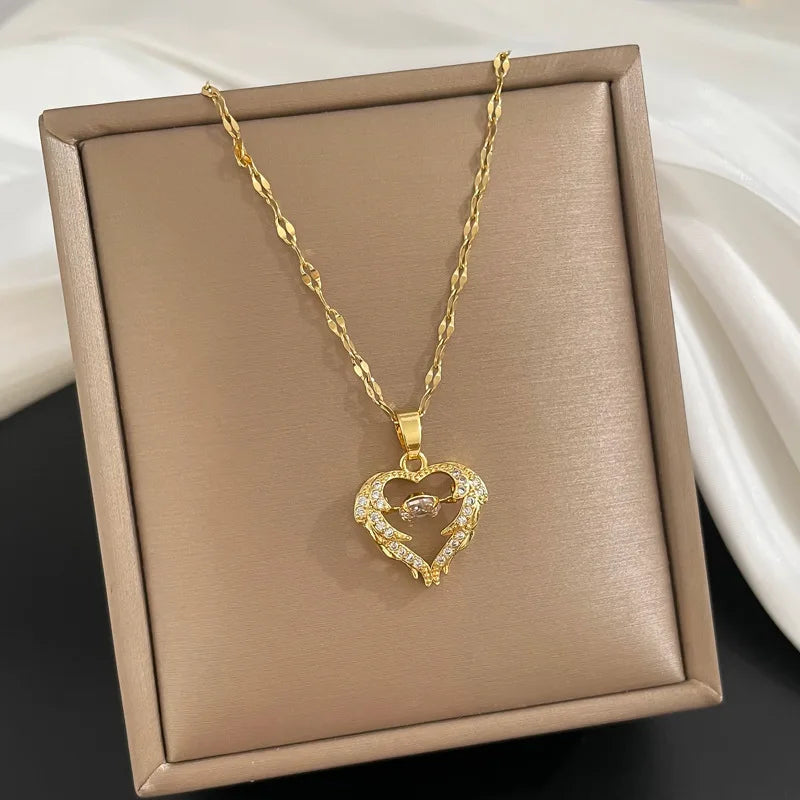 ZAKOL Klassieke Goudkleurige Roestvrijstalen Ketting voor Dames Glanzende Zirkoon Geometrische Hart Hanger Kettingen Sieraden Cadeau