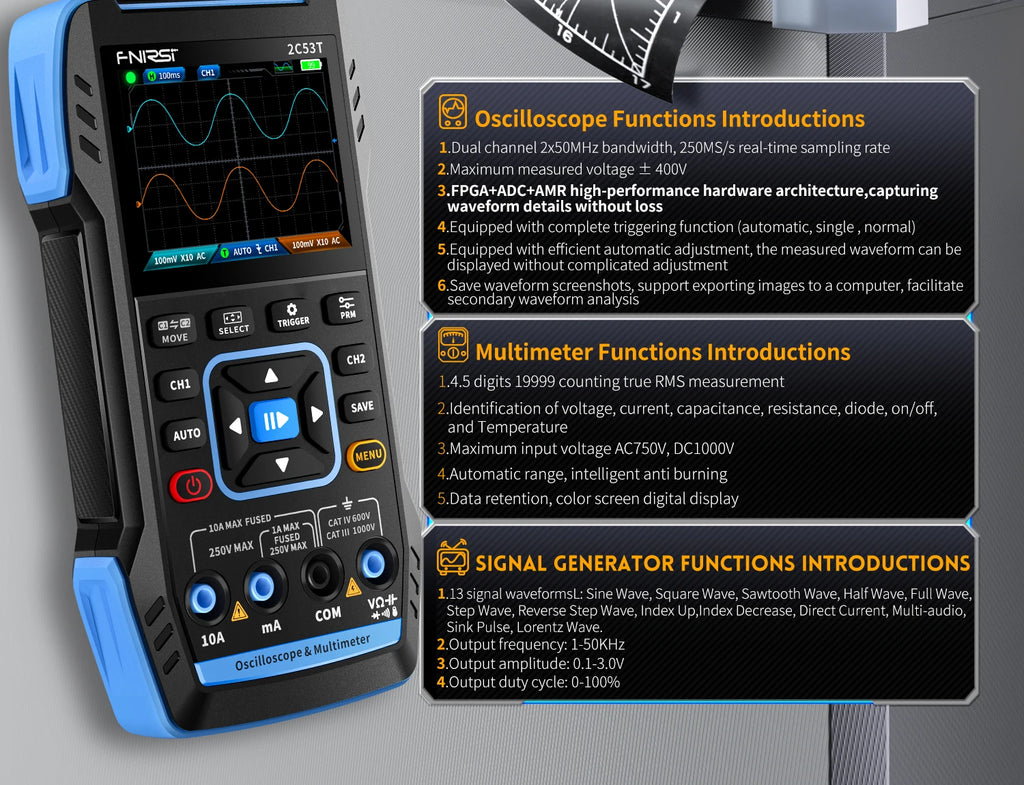 FNIRSI 2C23T 2C53T Upgrade 50MHz Handheld Digitaal Oscilloscoop Multimeter Signaalgenerator 3 in 1 Dual-channel Autogereedschap