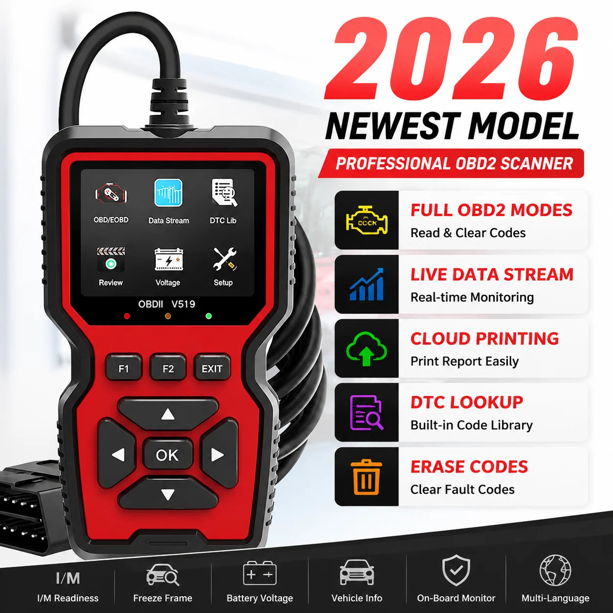 Professional V519 OBD2 Scanner Diagnostic Tool Real Time Code Reader Check Engine Light Scan Tool for All OBDII Cars Since 2003
