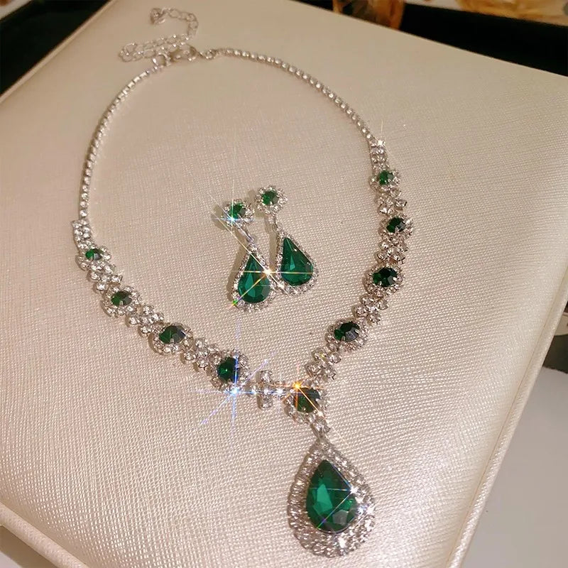 Ingelegde Rode Strass Ketting Oorbellenset Voor Vrouwen Licht Luxe Waterdruppel Choker Ketting Bruids Feest Juwelensets