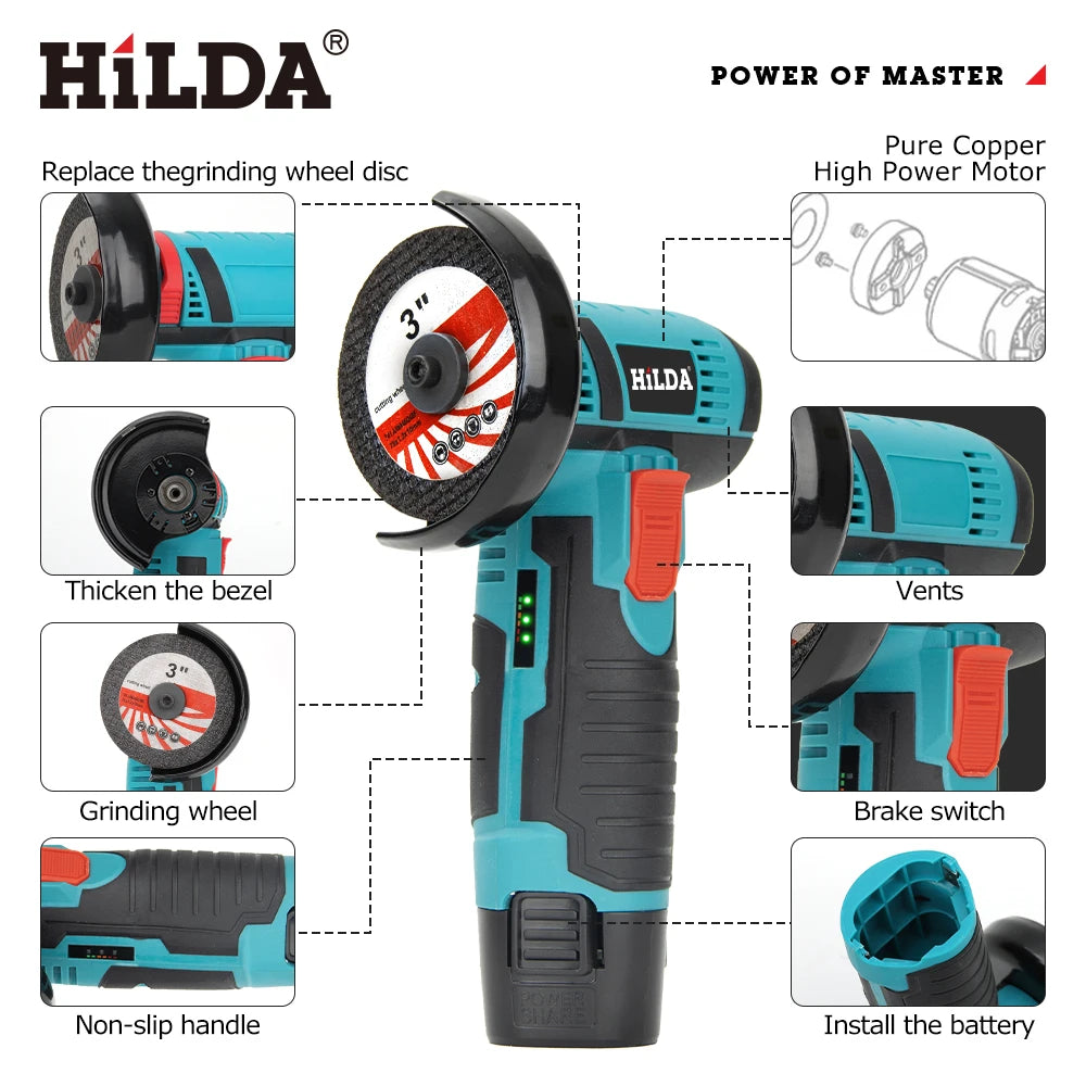 Smerigliatrice angolare HILDA 12V Strumento di levigatura a batteria per lucidatura e molatura Mini utensili elettrici a batteria diamantati