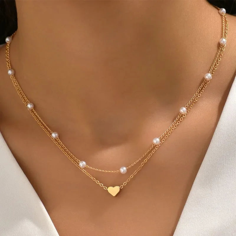LATS Meerlaagse Parel Kruis Liefdeshart Hanger Kettingen voor Dames Goudkleur Mode Sleutelbeen Halsketting 2024 Trend Sieraden