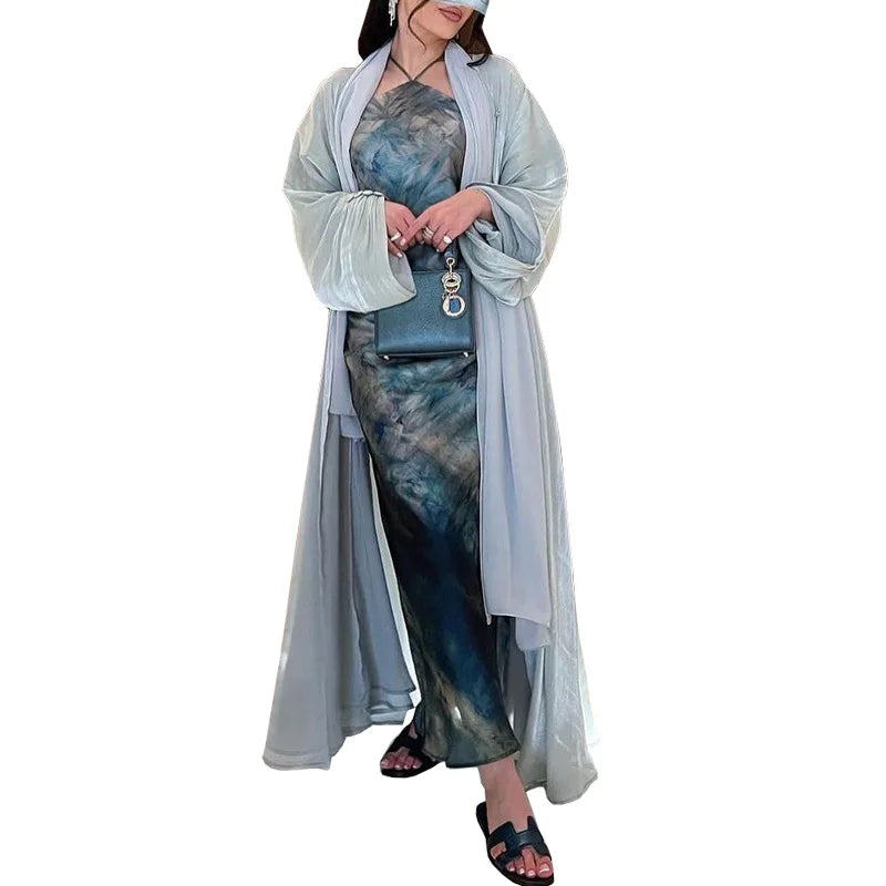 Eid Zijdeachtige Abaya's voor Vrouwen Moslim Jalabiya Ramadan Jurk met Knopen Mouwen Ramadan Kaftan Feestjurken Vestido Largo Cardigan