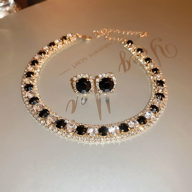 Damesketting & oorbellen met strass Trendy sieradenset Modieuze accessoires voor feestjes & dagelijkse kledingdecoratie