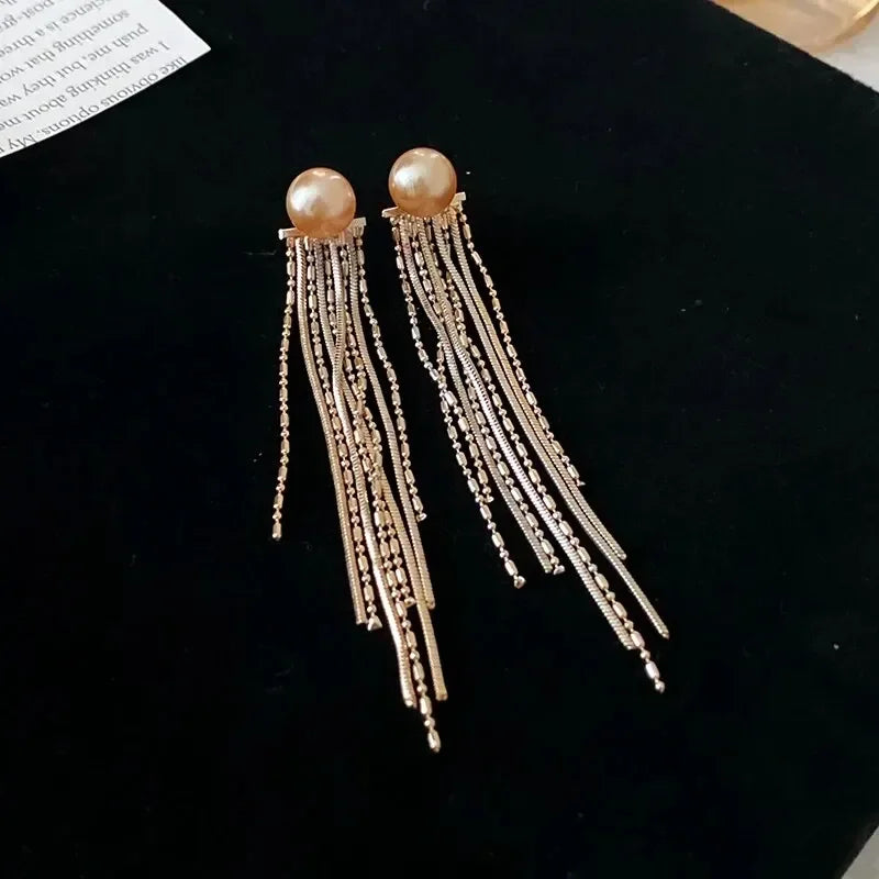 Orecchini pendenti da donna con strass a nappa lunga e catene, colore oro, orecchini pendenti delicati con ciondoli, gioielli di moda