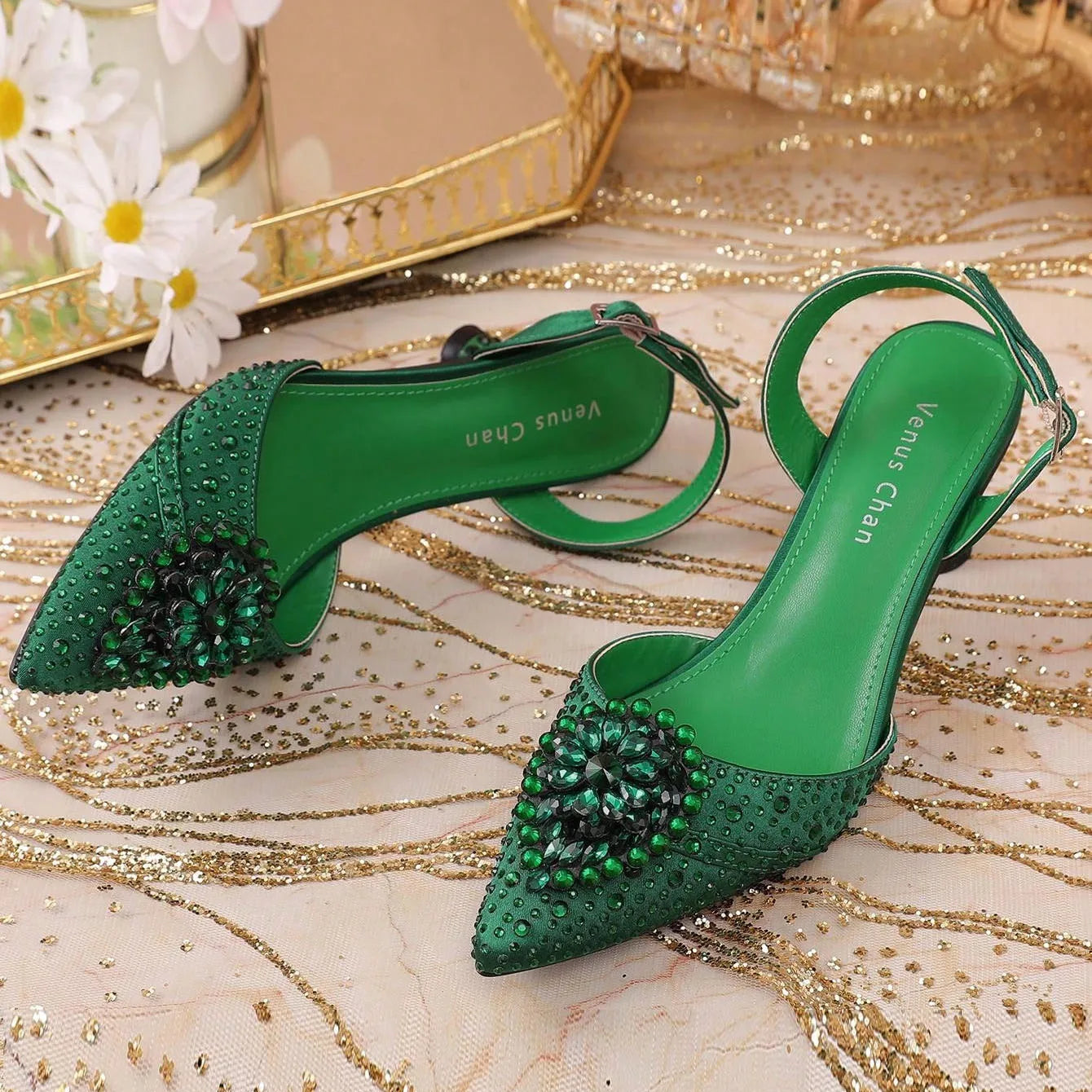 2025 Groene High Heels voor Dames - Italië-Geïnspireerd Strass Puntige Neus Ontwerp voor Schitterende Feesten | Ook in Grote Maten Verkrijgbaar