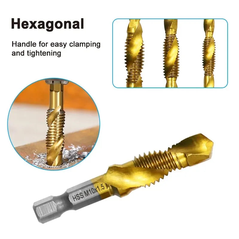 6-delige hogesnelheidsstaal 4341 titanium gecoate samengestelde tapboor en tap geïntegreerde machinetap openings- en afschuiningsgereedschapset