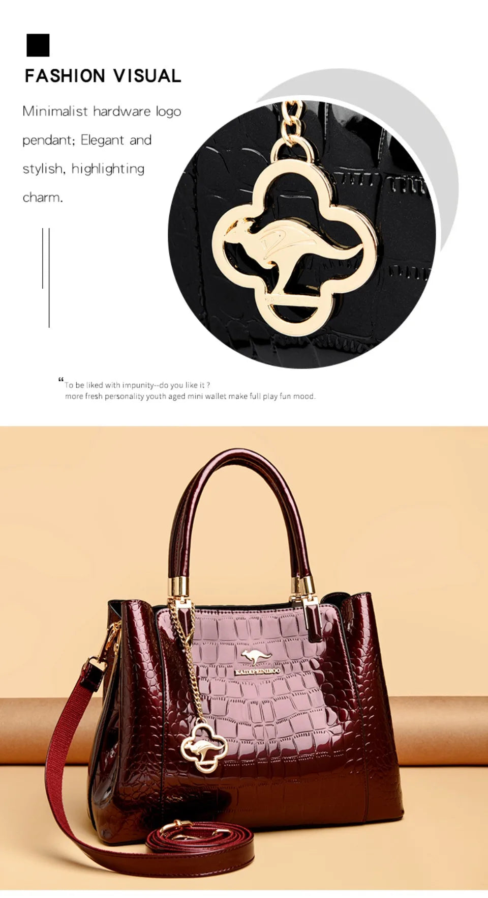 KAIDIFEINIROO Borsa a tracolla casual con marchio Kangaroo in pelle PU ad olio Borsa a mano da donna Borsa a tracolla a grande capacità a tre strati