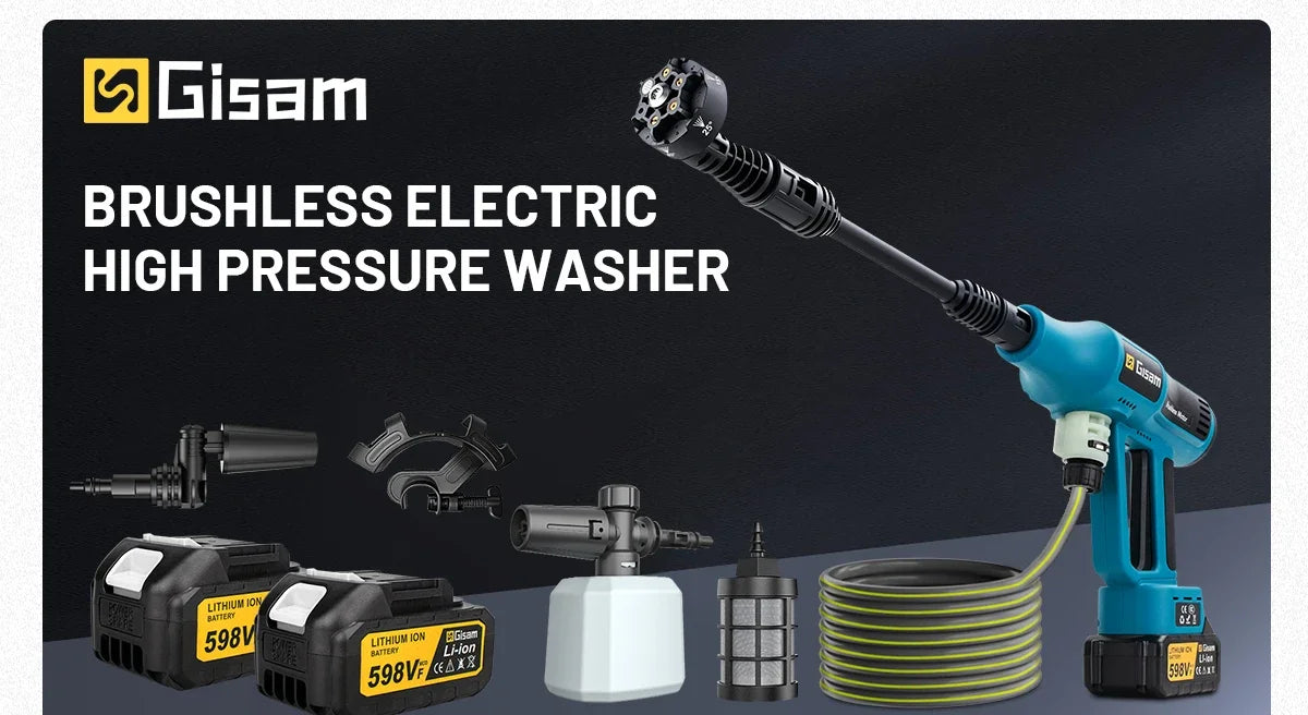 Gisam Pistola Idropulitrice Elettrica Brushless ad Alta Pressione 250 Bar, 4 Marcia, per Lavaggio Auto e Casa, compatibile con Batteria Makita 18V