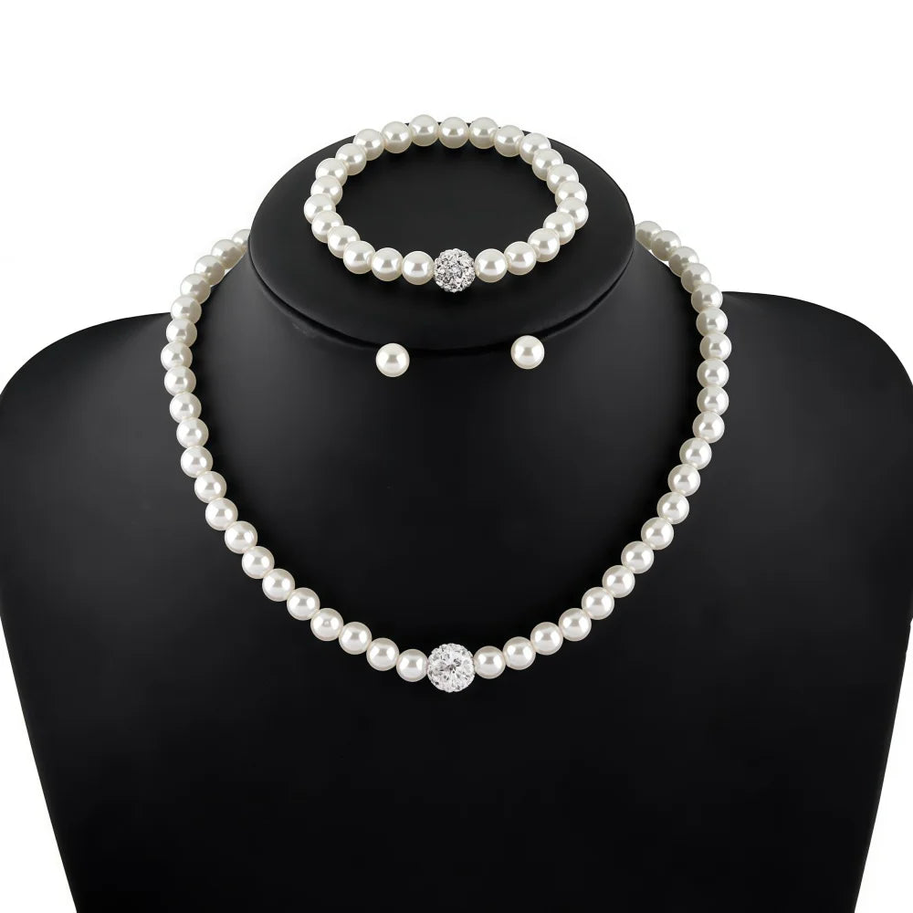 Set di gioielli da 3 pezzi con collana, bracciale e orecchini a perno con finta perla, Fireball, colore argento, con pietra di cristallo, elegante idea regalo per la sposa