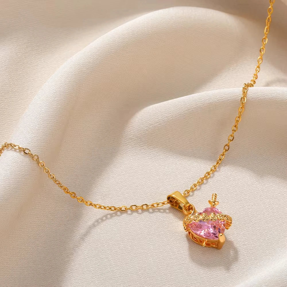 Collana da donna con zircone a cuore rosa color oro, in acciaio inossidabile, con ciondolo a freccia di Cupido Eros a cuore, gioielli di moda coreana per feste