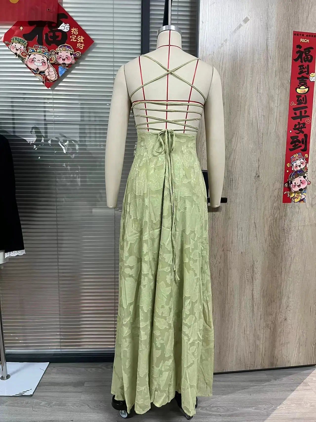 Jacquard Chiffon Lange Jurk Dames Mouwloze Bandage Jurken Zomer Avond Bruiloft Gast Groen Wit Bordeauxrood Roze Afstuderen