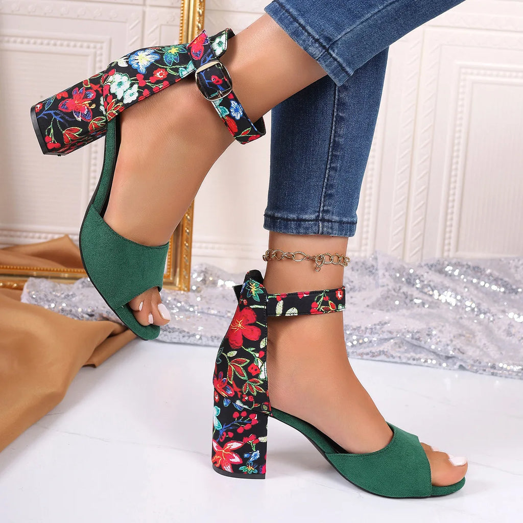 Sandali Estivi da Donna 2024 Tacchi Alti Quadrati con Stampa Floreale Vintage Punta Aperta Cinturino alla Caviglia con Fibbia Casual da Donna