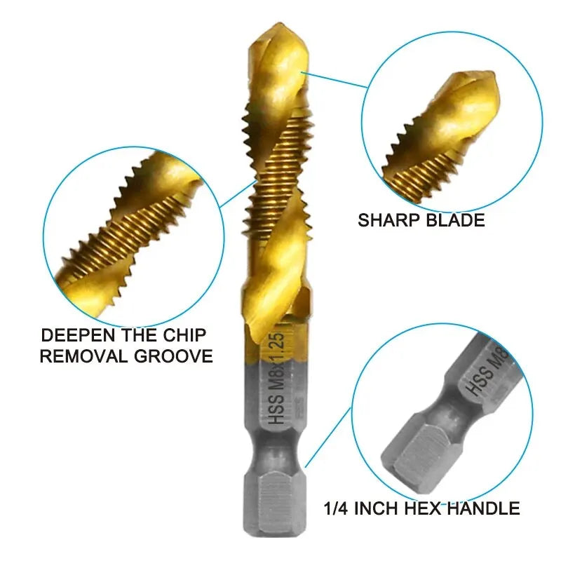 6-delige hogesnelheidsstaal 4341 titanium gecoate samengestelde tapboor en tap geïntegreerde machinetap openings- en afschuiningsgereedschapset