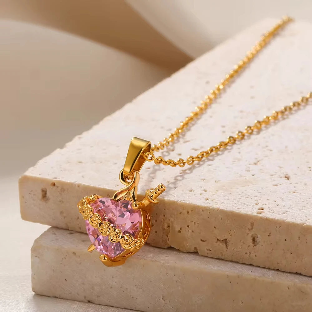 Collana da donna con zircone a cuore rosa color oro, in acciaio inossidabile, con ciondolo a freccia di Cupido Eros a cuore, gioielli di moda coreana per feste