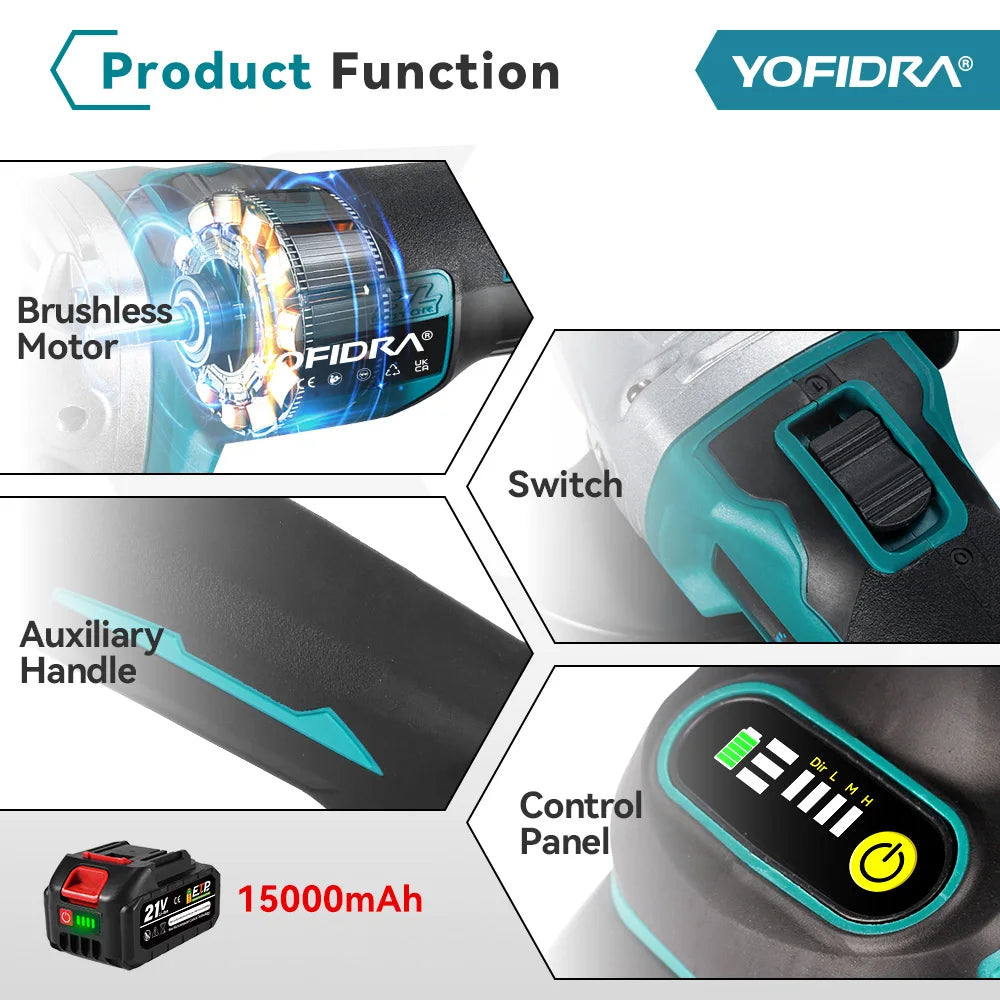 YOFIDRA Smerigliatrice Angolare Elettrica Senza Spazzole da 125mm a 4 Velocità Per Smerigliatura Metallo Legno Lucidatura Taglio Utensile Elettrico Per Perno Batteria Makita