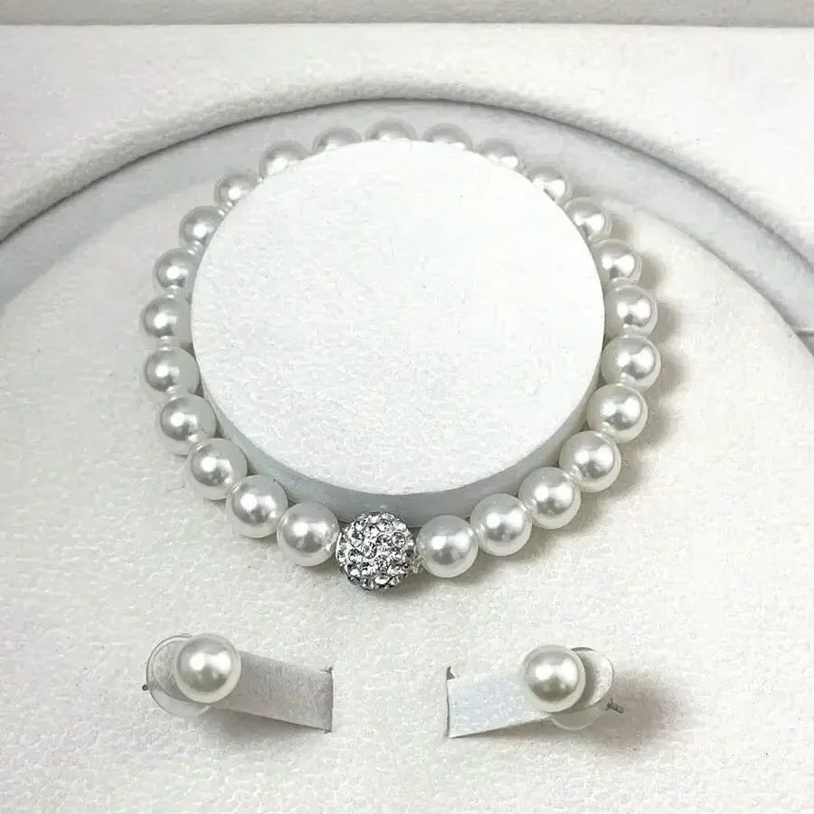 Set di gioielli da 3 pezzi con collana, bracciale e orecchini a perno con finta perla, Fireball, colore argento, con pietra di cristallo, elegante idea regalo per la sposa
