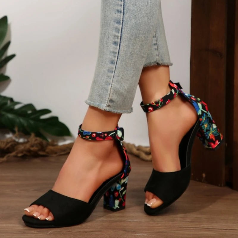 Donna 2026Sandali estivi con tacco quadrato alto Stampa floreale vintage Punta aperta Tacco alto Donna Cinturino alla caviglia con fibbia casual