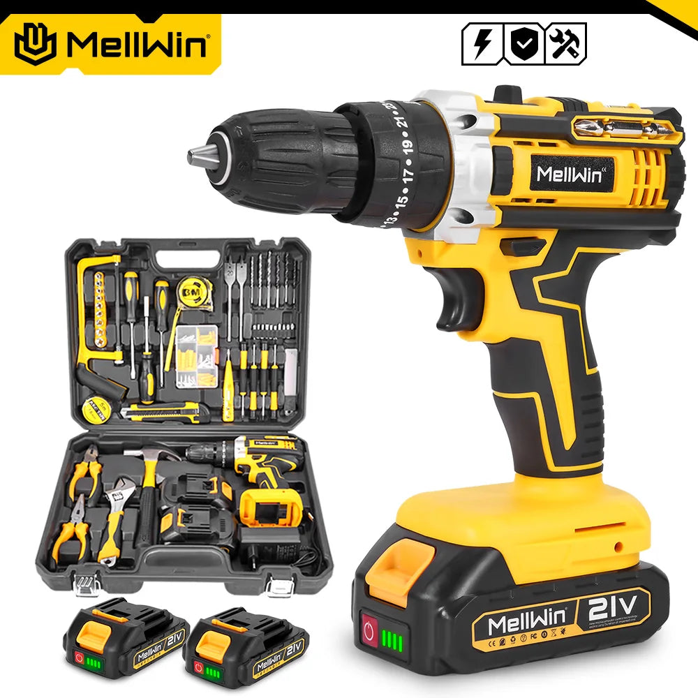 MELLWIN Trapano Avvitatore Elettrico a Percussione 25+3 Coppie, Set Multiuso Avvitatore Elettrico a Batteria, Utensile Elettrico Compatibile con Batteria Makita 18V con Perno