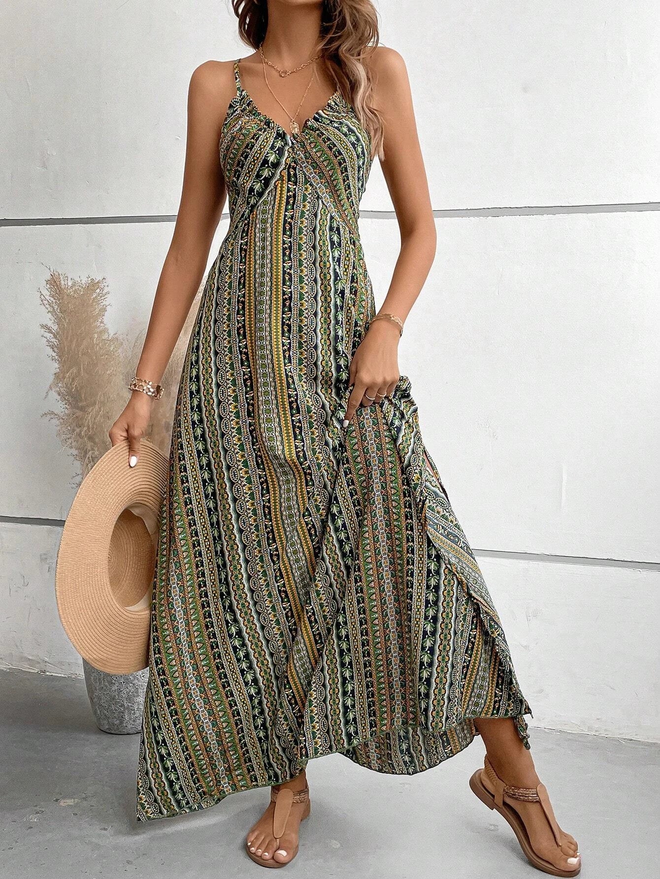 Dames Zomer Jurk met Etnisch Patroon, Open Rug en Split - Dames Zomerkleding Boho Mode Ruches Lange Jurk voor Strand