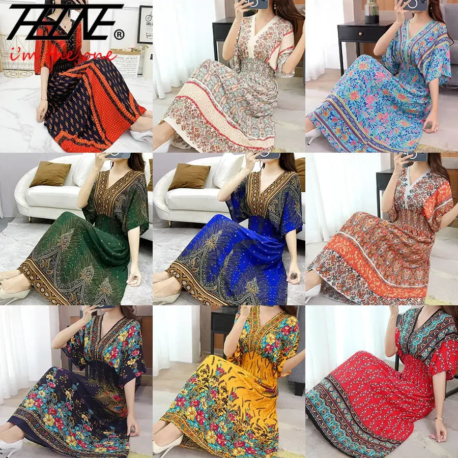 Long Women's Dress Boho Ethnic Bohemian Beach Cotton Blend Artificial Floral Short Sleeve V-neck Vintage Vacation Vestidos Robe
