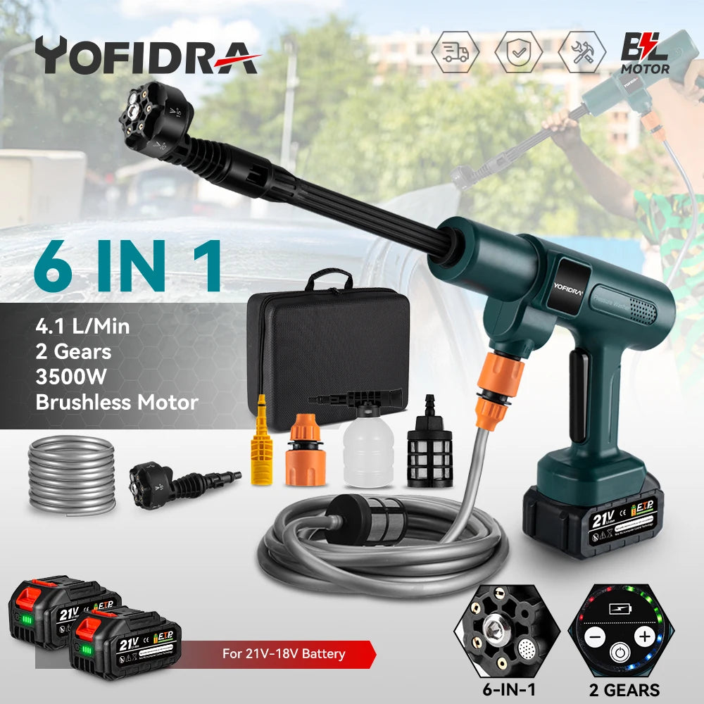 YOFIDRA 200Bar Brushless Electric High Pressure Washer 6-in-1 Car Washing Garden Water Gun For Makita 21V Battery Pin Spray Gun
