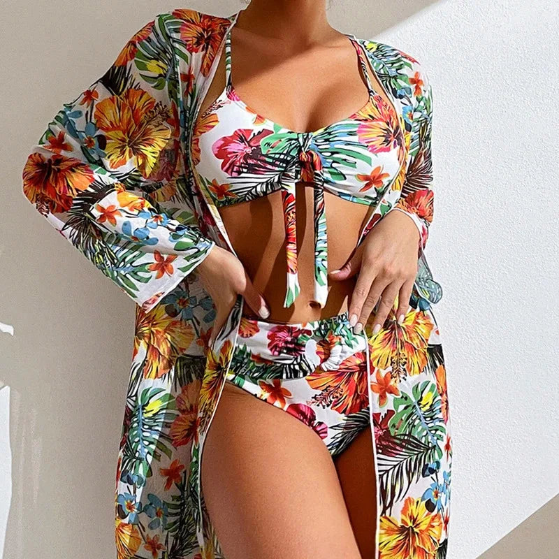 Costume da bagno bikini sexy a vita alta a 3 pezzi con stampa floreale taglia 3XL-S da donna con camicetta a maniche lunghe in rete Super Saldi