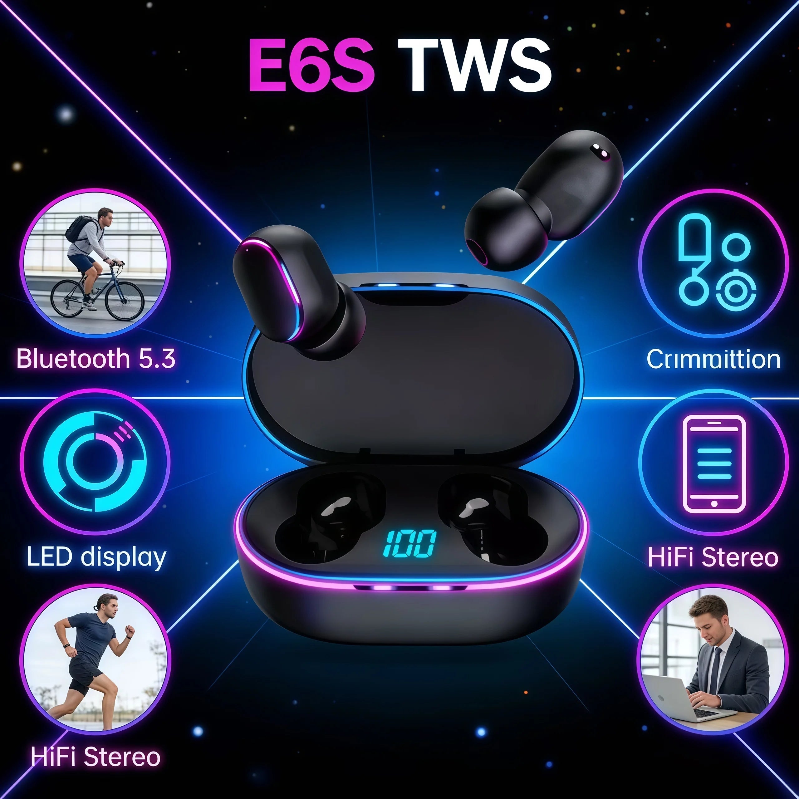 E6STWS Bluetooth koptelefoons zijn draadloze Bluetooth-muziekkoptelefoons en noise-cancelling hoofdtelefoons geschikt voor Android en iOS