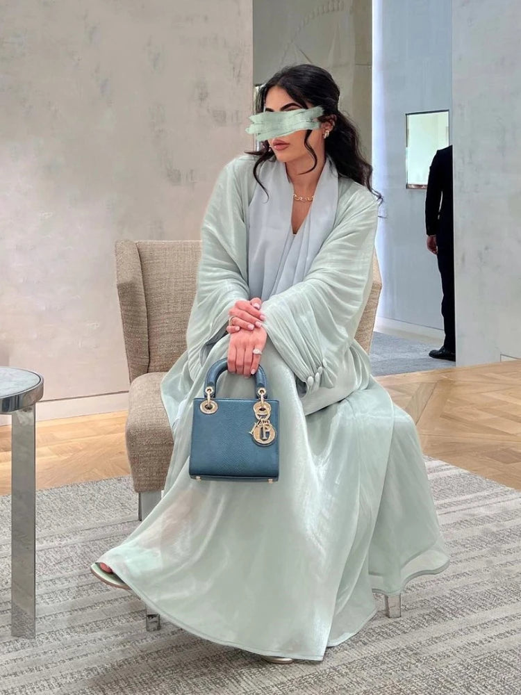 Eid Zijdeachtige Abaya's voor Vrouwen Moslim Jalabiya Ramadan Jurk met Knopen Mouwen Ramadan Kaftan Feestjurken Vestido Largo Cardigan