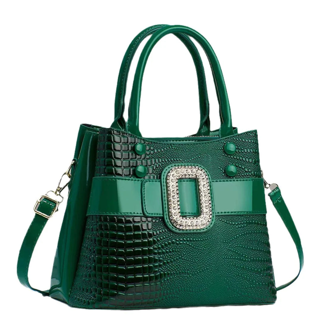 Borse Da Donna In Pelle Verniciata Di Lusso Con Strass, A Tracolla Con Motivo Coccodrillo E Manico In Metallo