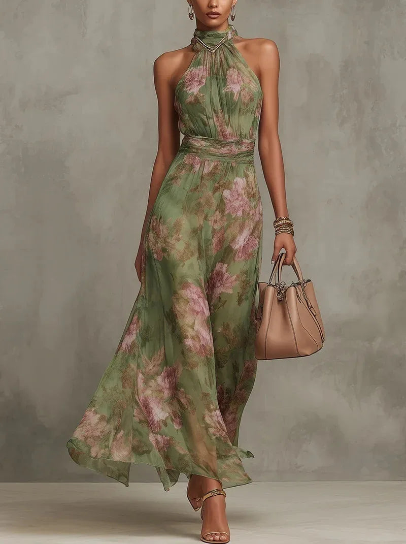 Elegante Geplooide Mesh Bedrukte Onregelmatige Split Sexy Cami Maxi Jurk Mouwloze Halter Nek Chiffon Wijde Avondfeestjurken