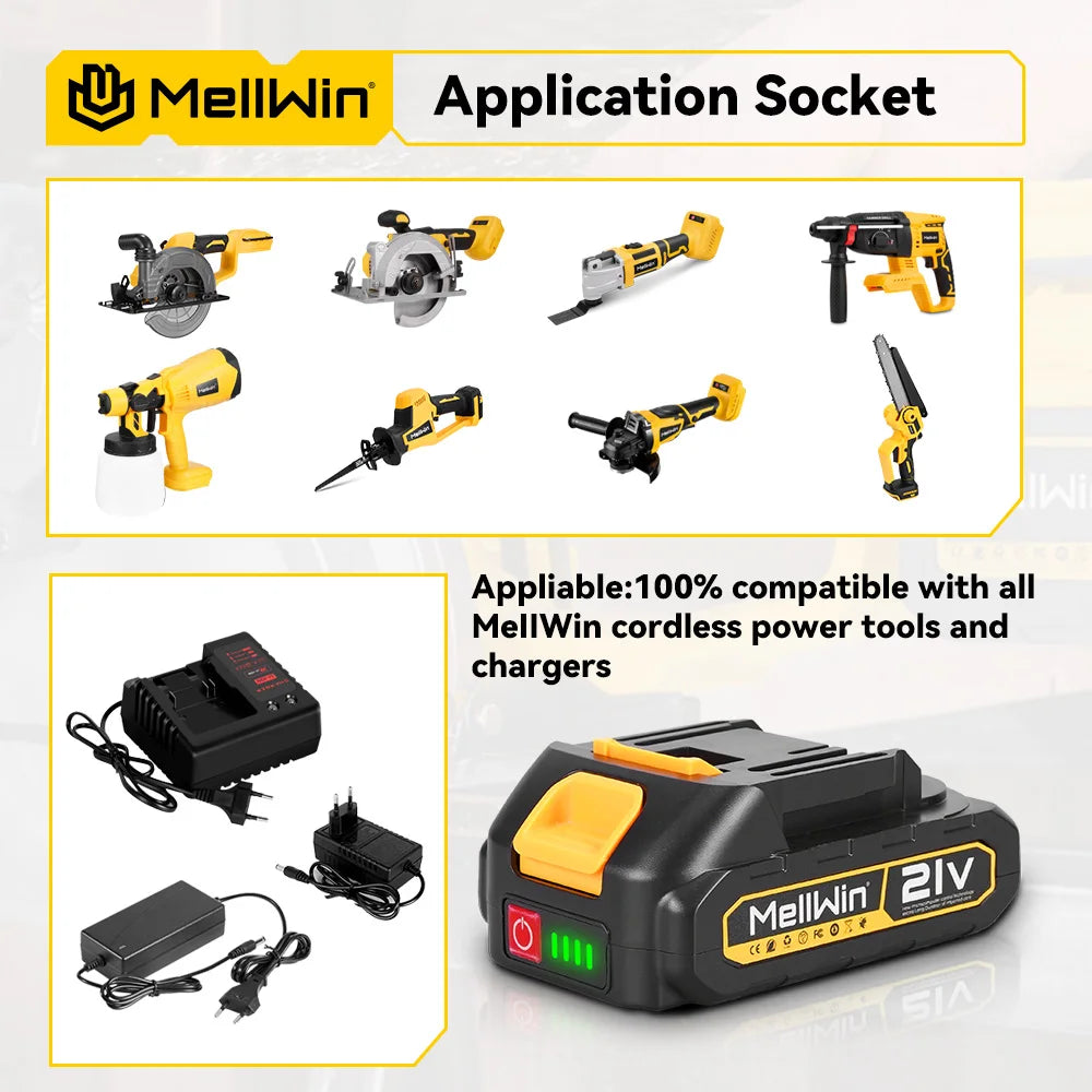 MELLWIN Trapano Avvitatore Elettrico a Percussione 25+3 Coppie, Set Multiuso Avvitatore Elettrico a Batteria, Utensile Elettrico Compatibile con Batteria Makita 18V con Perno