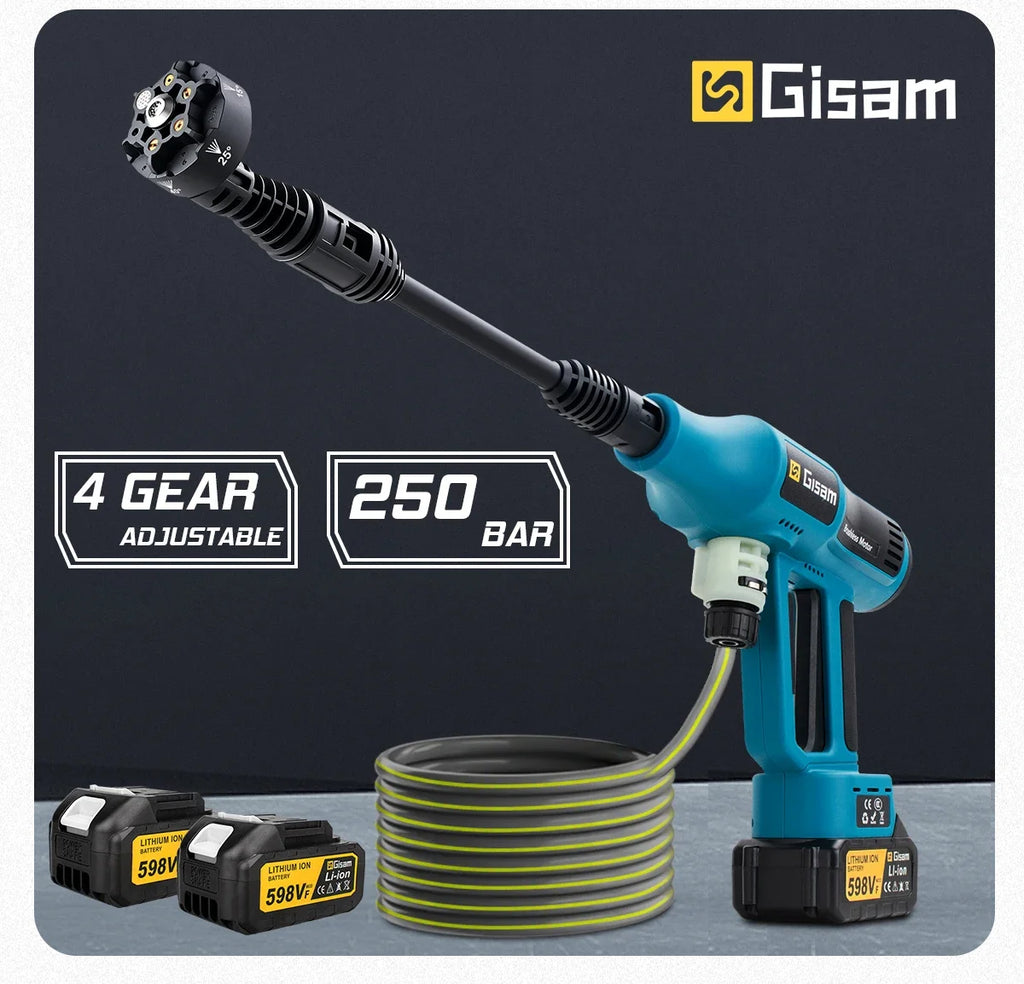 Gisam Pistola Idropulitrice Elettrica Brushless ad Alta Pressione 250 Bar, 4 Marcia, per Lavaggio Auto e Casa, compatibile con Batteria Makita 18V
