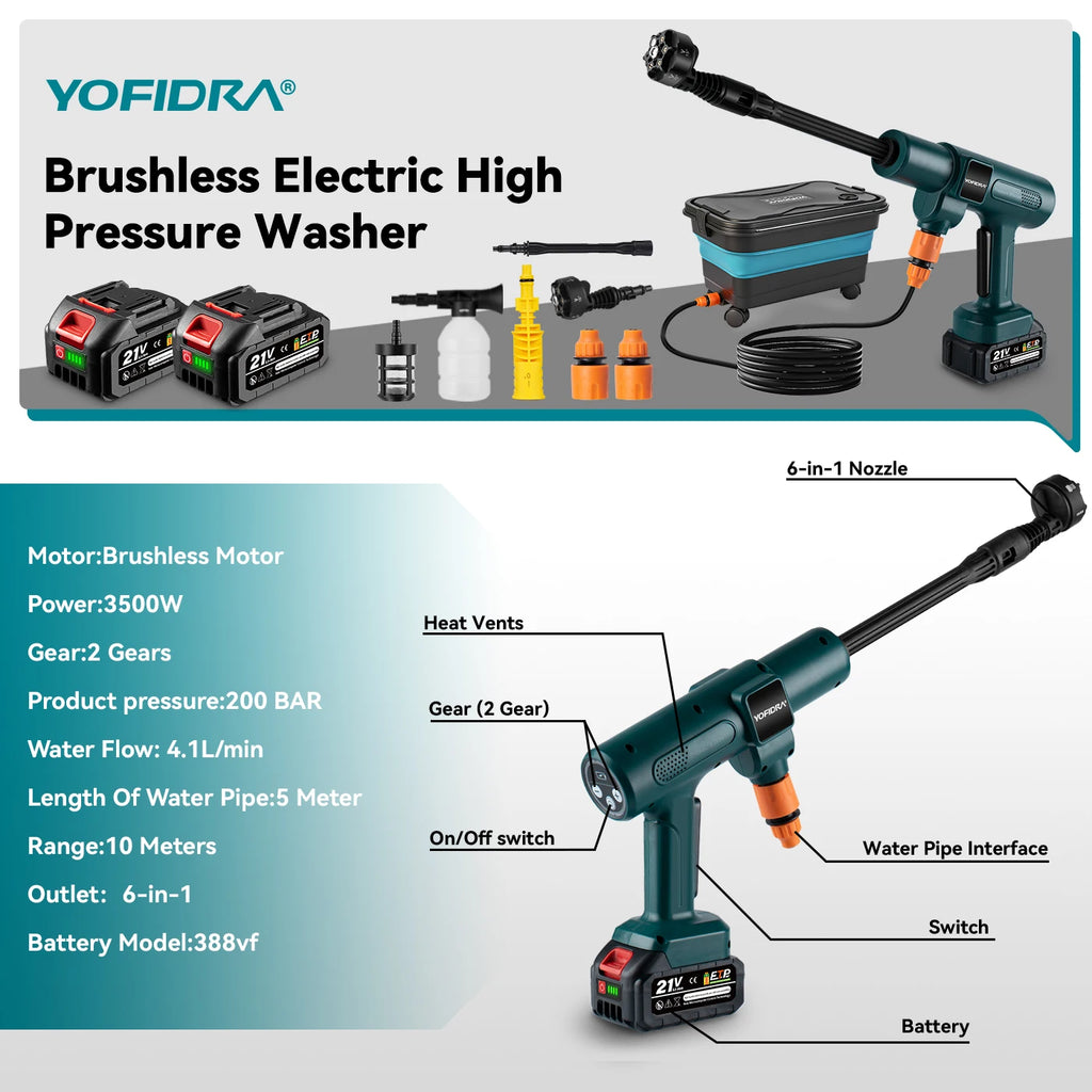 YOFIDRA 200Bar Idropulitrice Brushless ad Alta Pressione Pistola ad Acqua Elettrica con Secchio Spruzzatore per Pulizia Auto per Perno Batteria Makita 21V