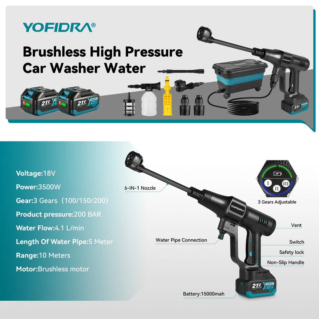 YOFIDRA 200Bar Pistola Idropulitrice Per Auto Senza Spazzole Ad Alta Pressione Con Secchio Pistola a Spruzzo Elettrica Per Giardino Per Batteria Makita 21V Pin