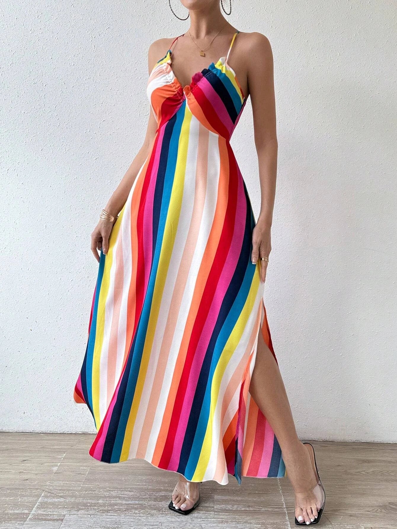Dames Zomer Jurk met Etnisch Patroon, Open Rug en Split - Dames Zomerkleding Boho Mode Ruches Lange Jurk voor Strand